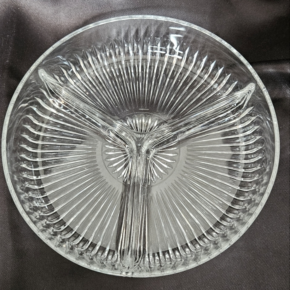 Vintage Indiana Glass Three Section Divided Round Serving Dish